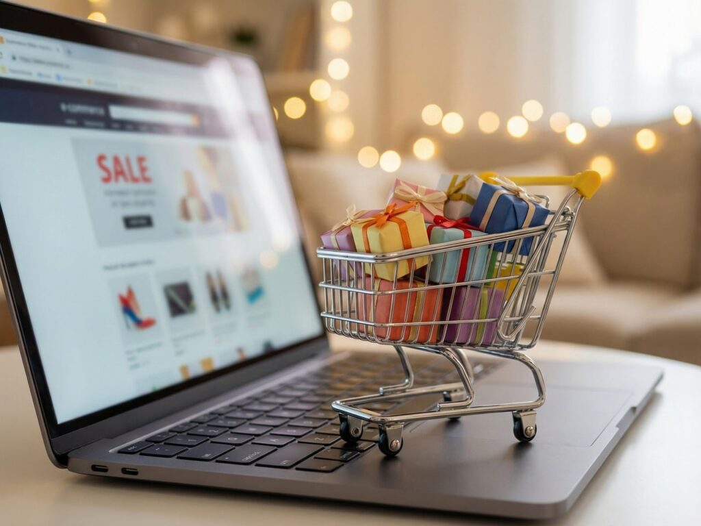 Laptop and smartphone workspace representing ecommerce keyword research and digital content planning